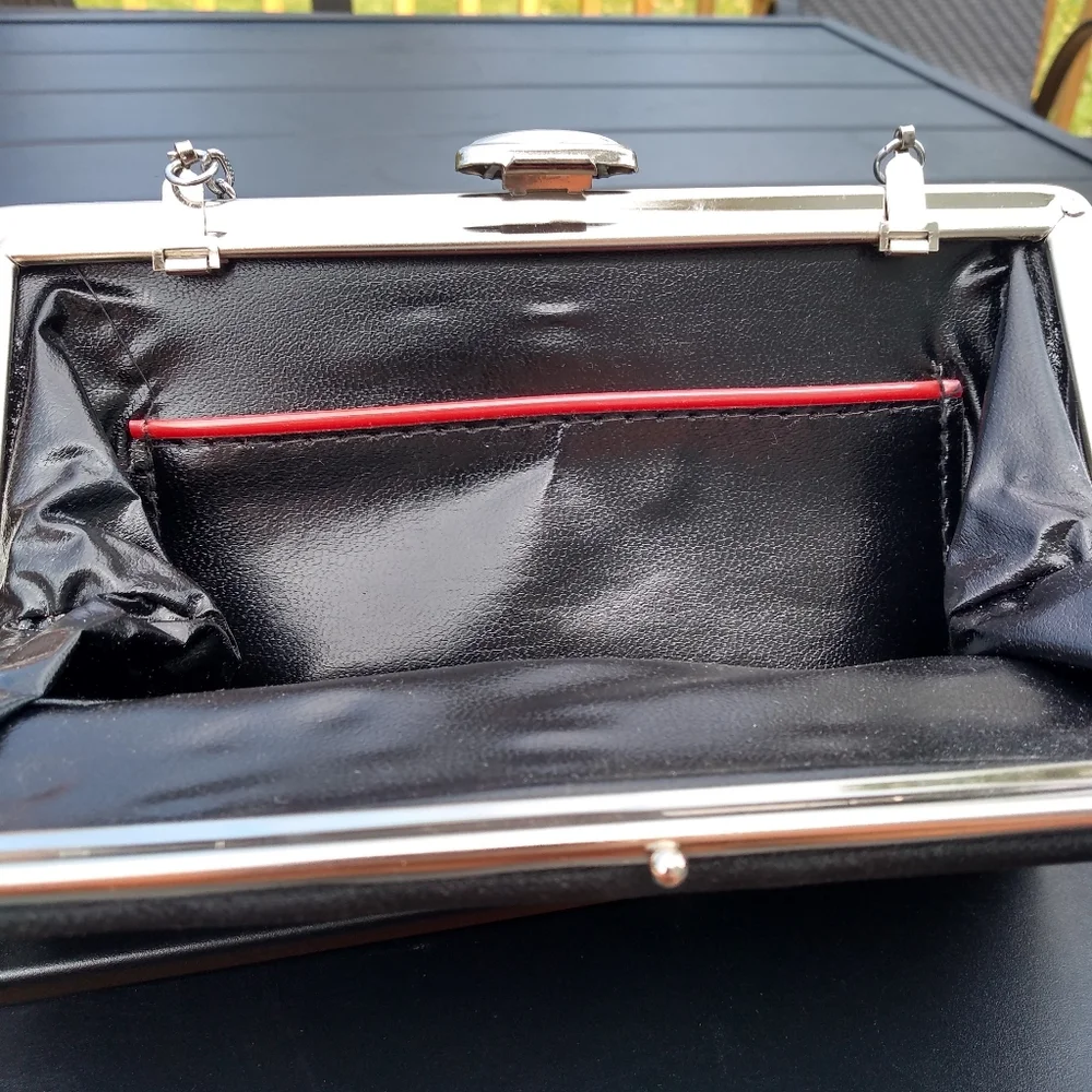 Vintage Black Evening Bag Purse, Silver Chain Strap, Hinged Opening, Clo… - Picture 7 of 13